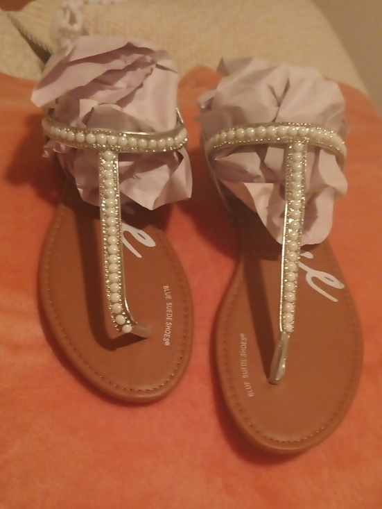 Blue Suede Shoes Shoes - Pearl-Trim T-Strap Sandals - White & Tan
